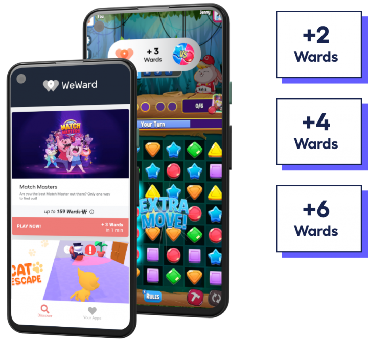 two phone screens of publisher WeWard app and advertiser app which gives users points when they play