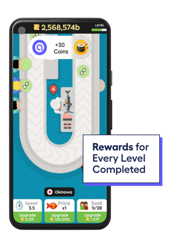 phone mockup showing players get rewarded for every level completed