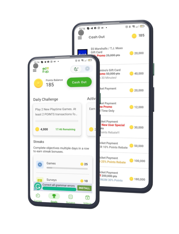 two phone screens showing Play2Pay UI