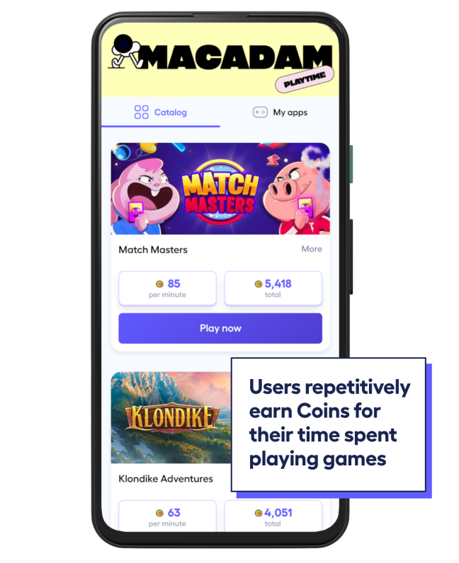 phone screen showing how users earn points with macadam in Playtime